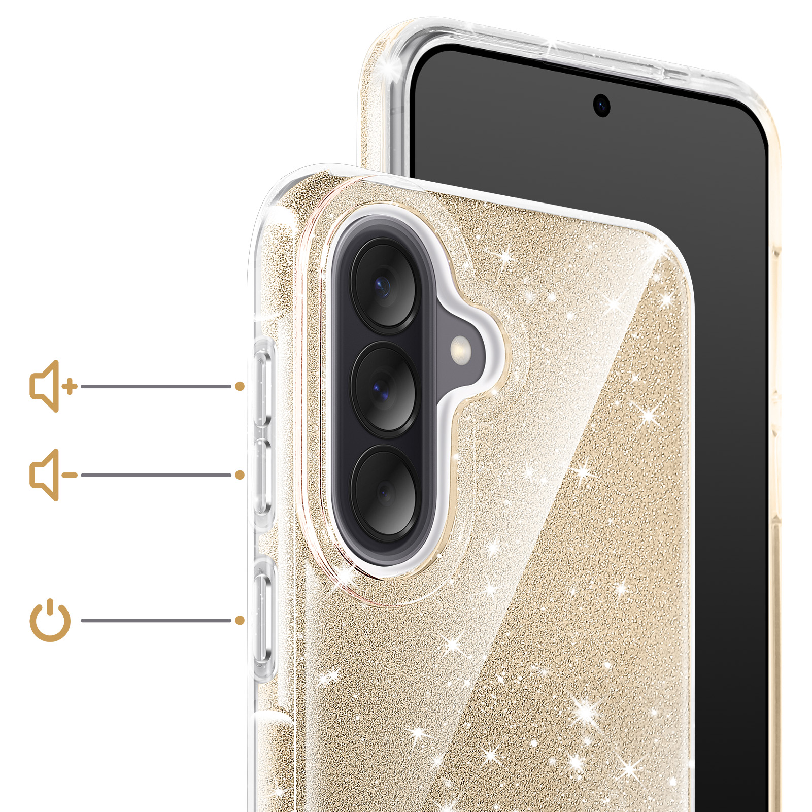 Een gouden glitter telefoonhoesje met drie camera's en volumeknoppen.