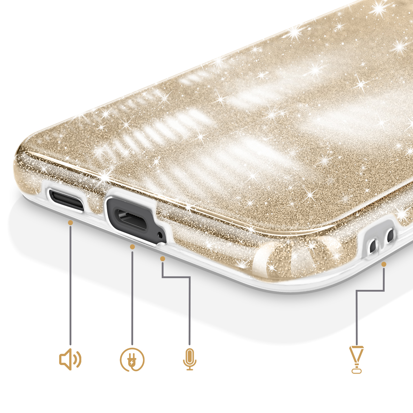 Gouden glitter telefoonhoesje met poorten gelabeld: volume, opladen, microfoon, luidspreker.