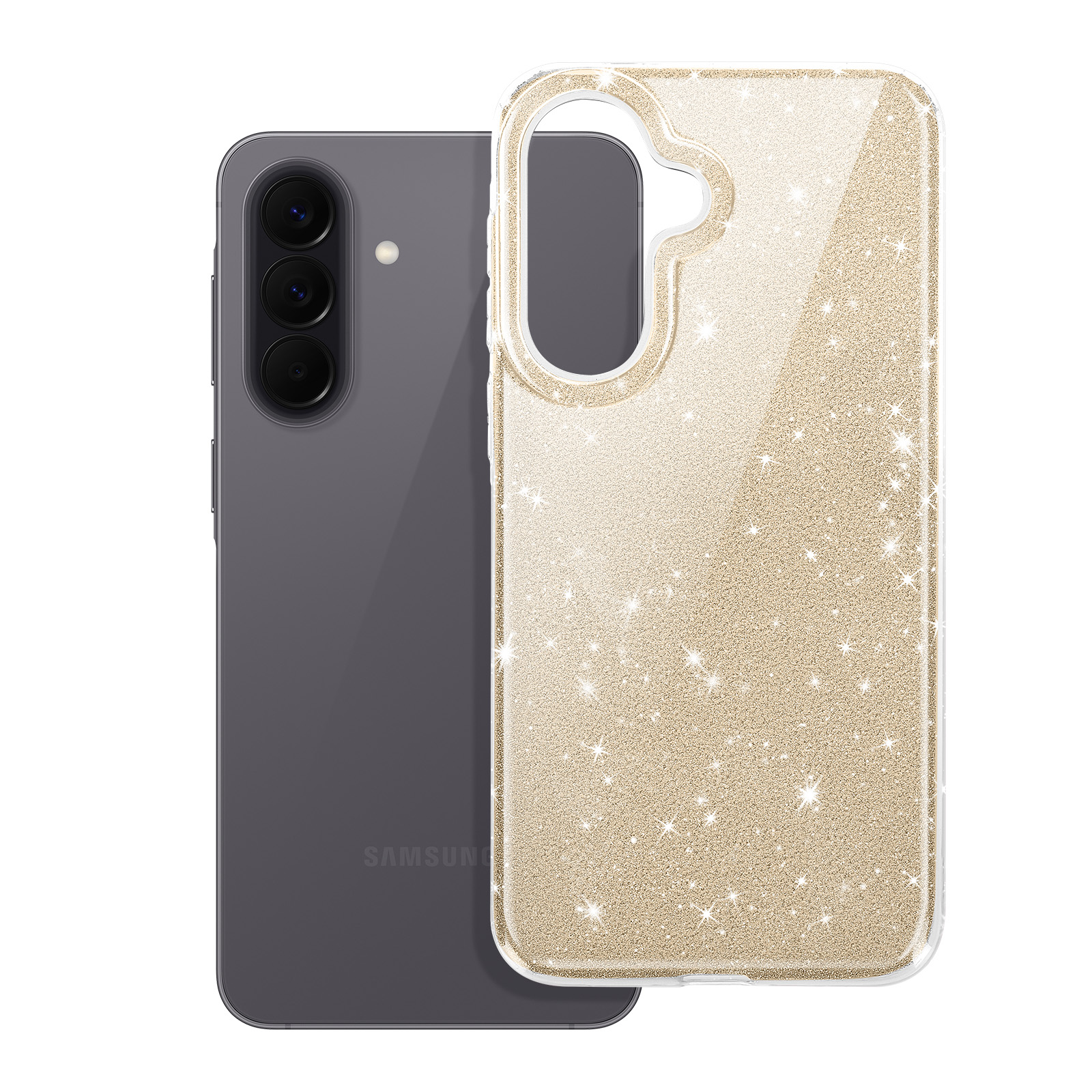 Een grijze smartphone naast een doorzichtige hoes met gouden glitter.