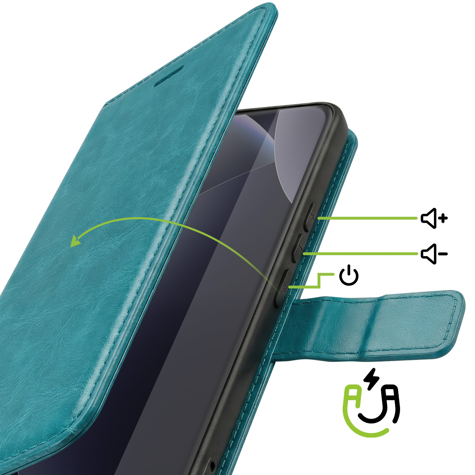 Türkiser Handyhülle mit Magnetverschluss, Lautstärke- und Power-Buttons.