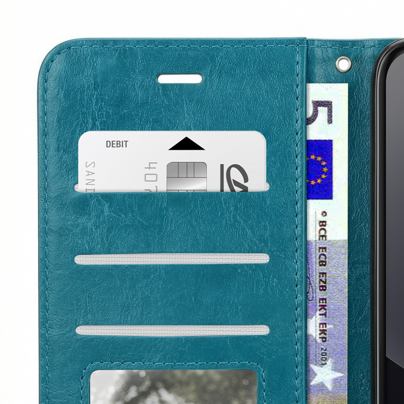 Türkisfarbene Wallet-Hülle mit Debitkarte und Euro-Schein. Handybildschirm sichtbar.