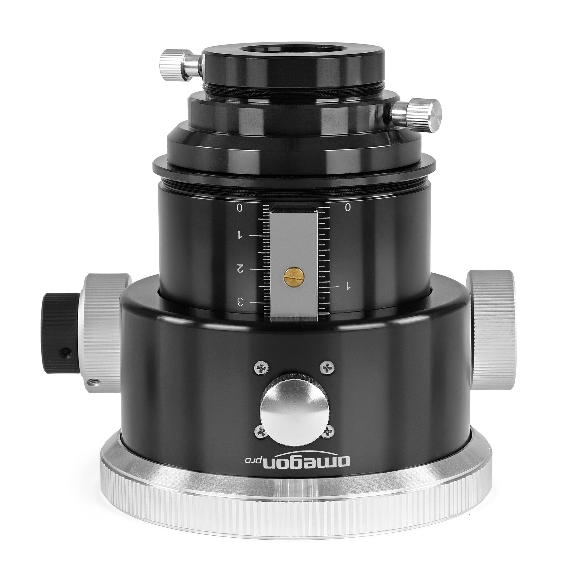 Ein schwarzes astronomisches Okular mit silbernen Knöpfen und Skalen.