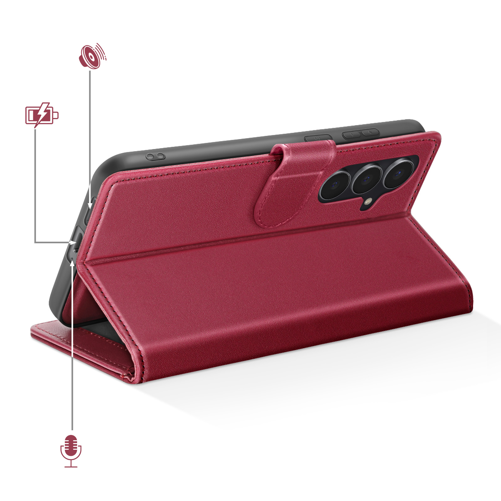 Rotes Handy-Flip-Case geöffnet, Kamera und Tasten sichtbar.