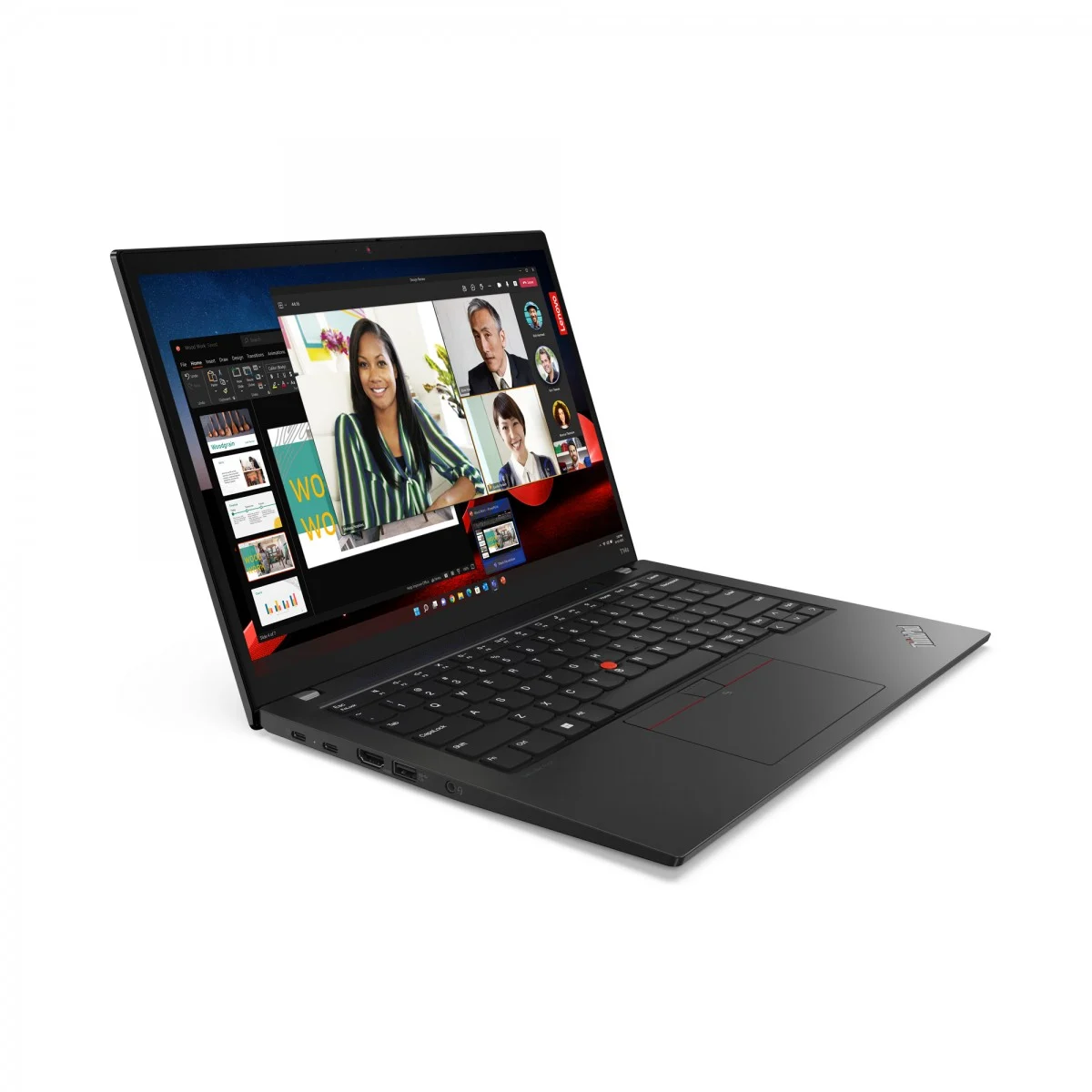 Un ordinateur portable Lenovo noir affiche une visioconférence avec plusieurs participants. L'écran montre quatre personnes en appel.