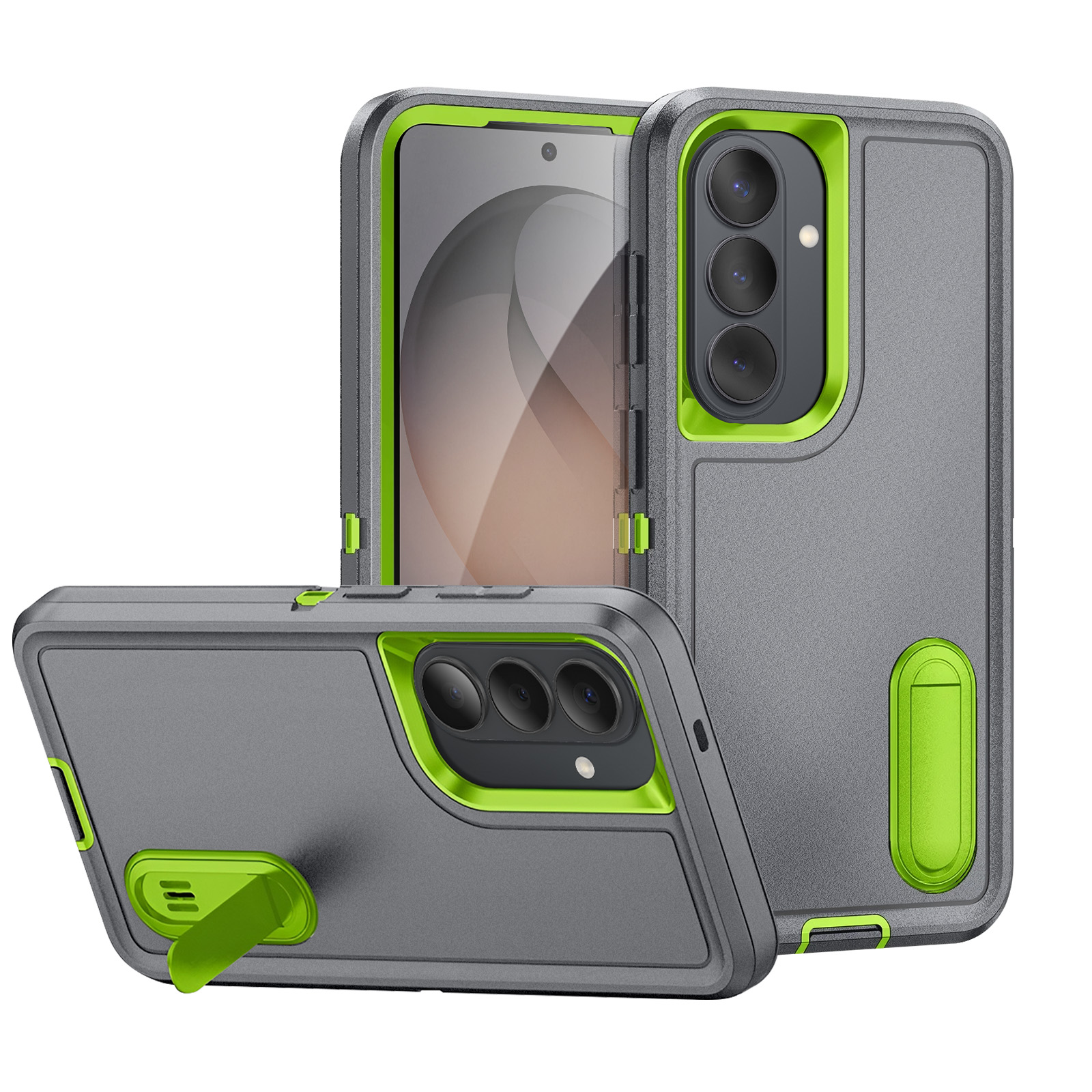Grijze telefoonhoes met groene accenten en standaard, camerabeeld.
