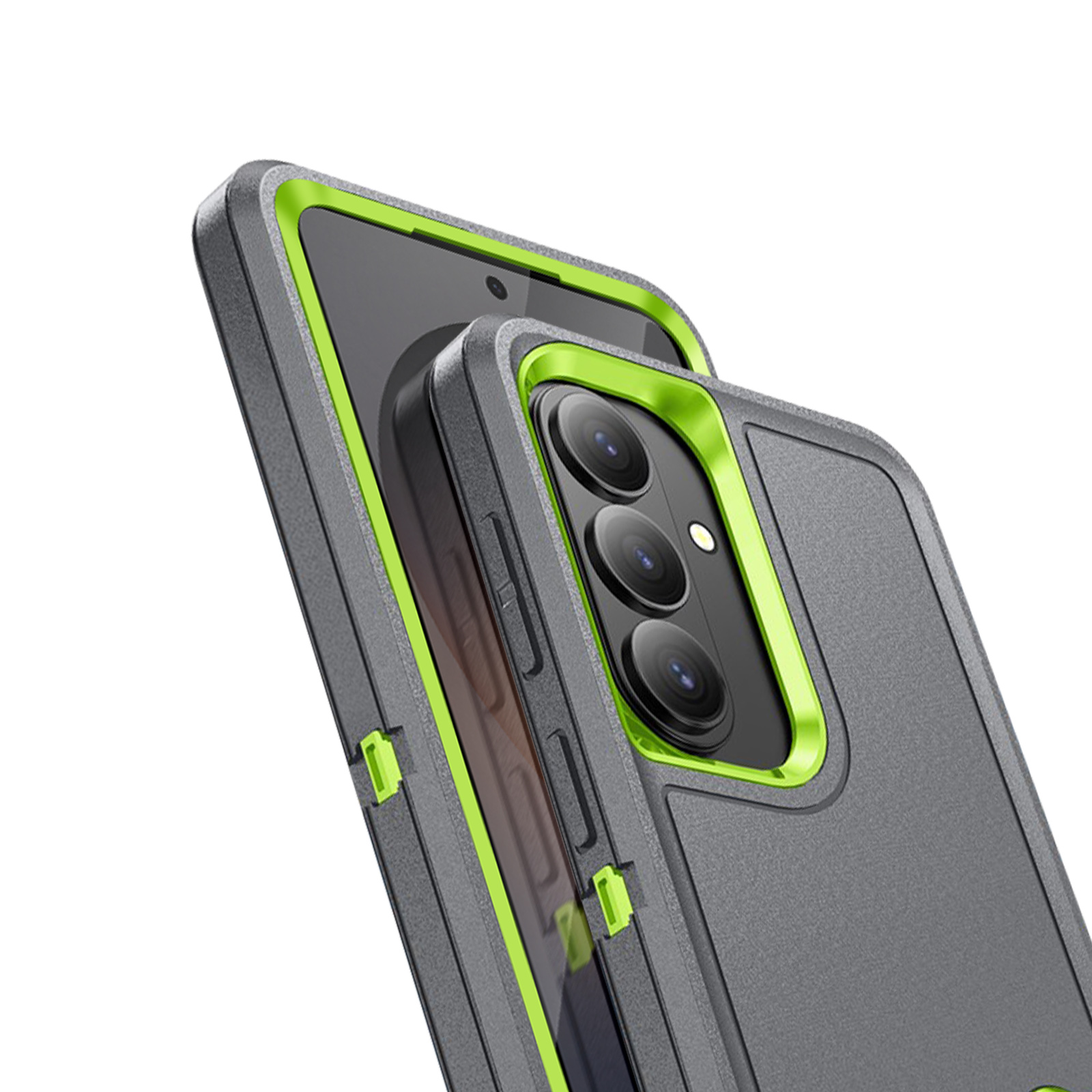 Grijze telefoonhoes met groene accenten, close-up van cameramodule.