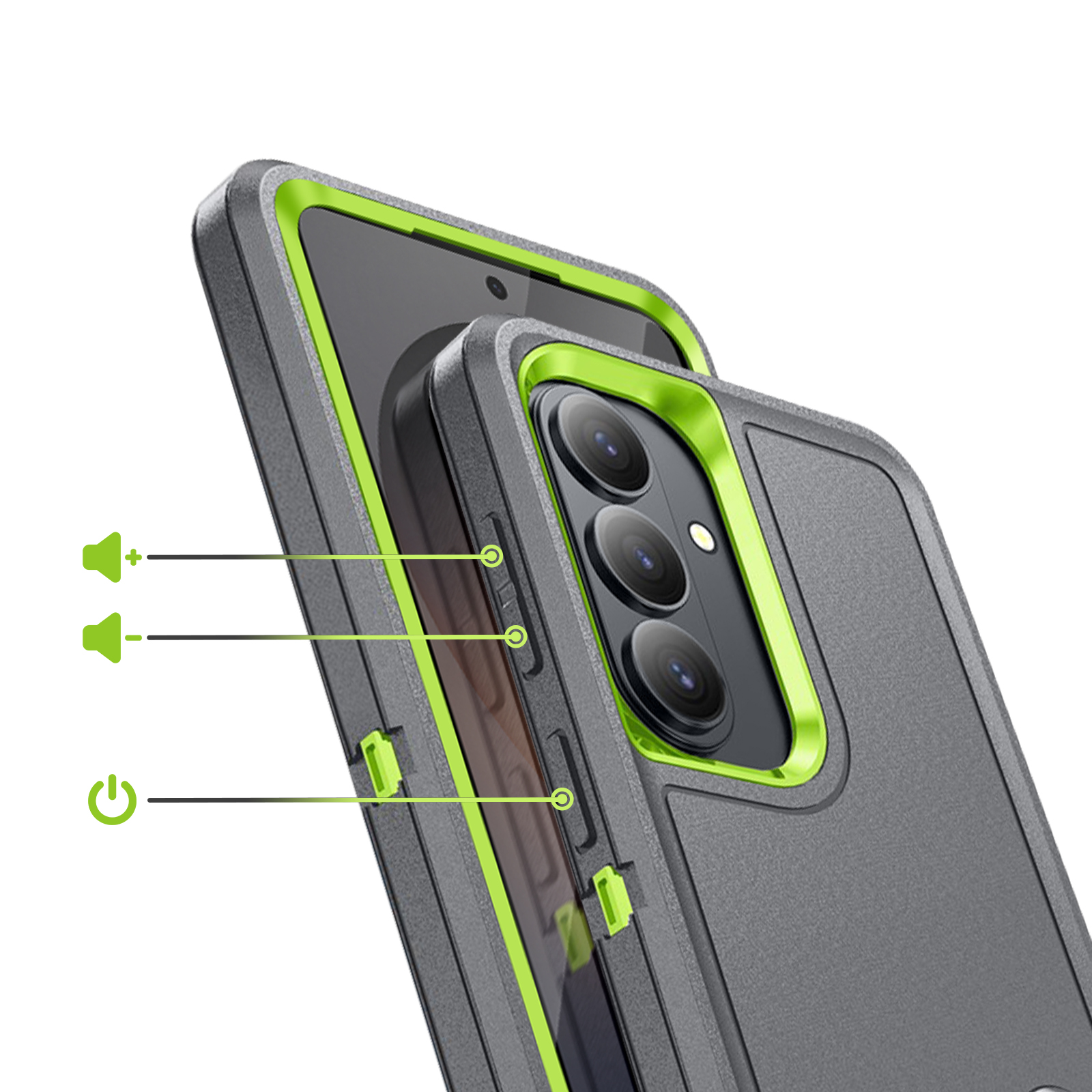 Grijze telefoonhoes met neon-groene accenten, 3 camera's en iconen.