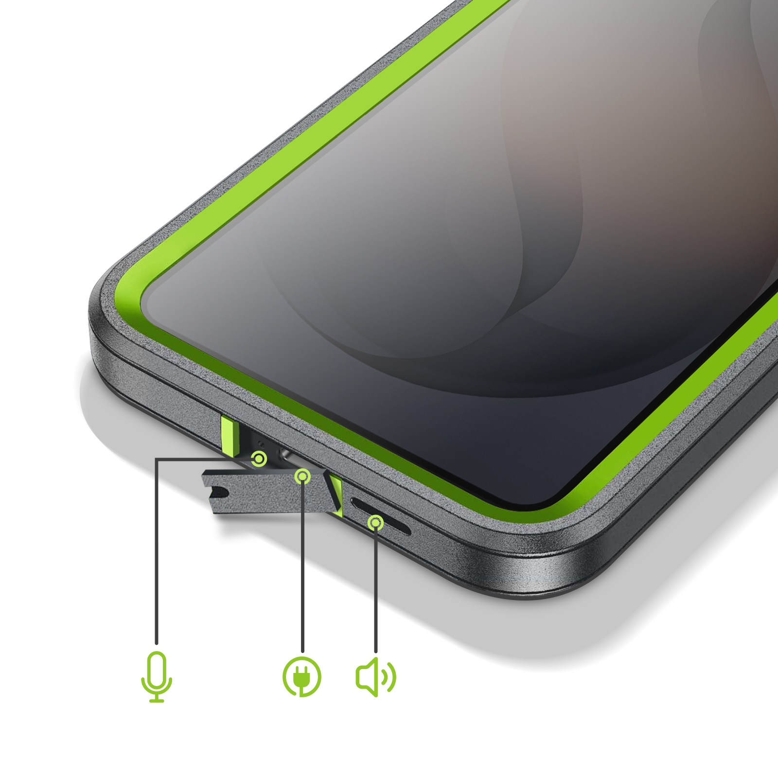 Een smartphone met zwart scherm en groene rand. Iconen tonen microfoon, stekker en luidspreker.