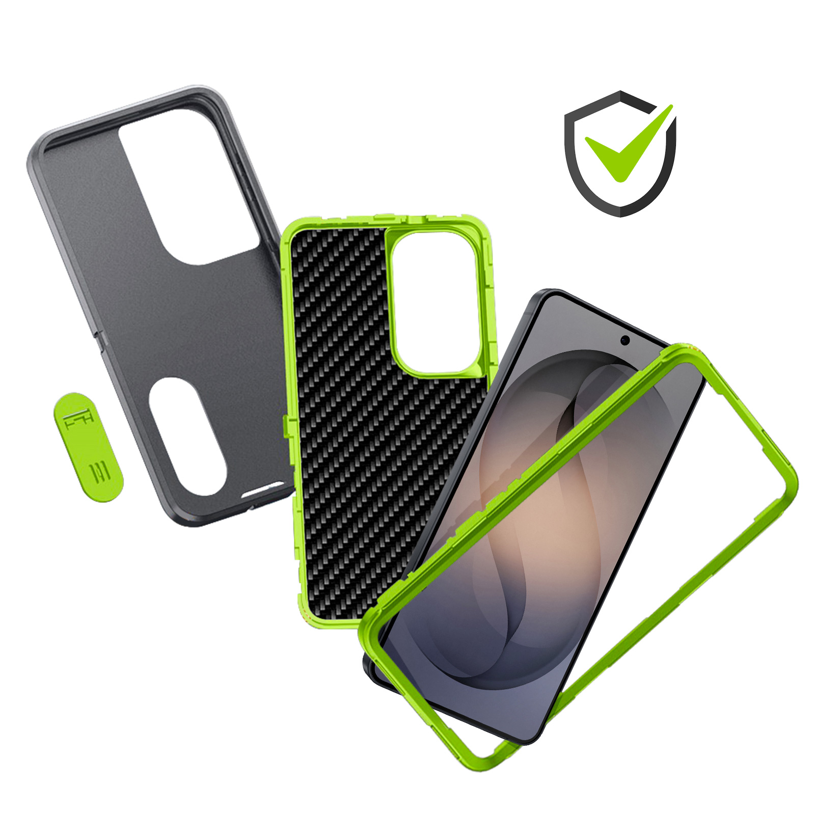 Een grijze, groene en zwarte smartphonehoes set met koolstofpatroon.