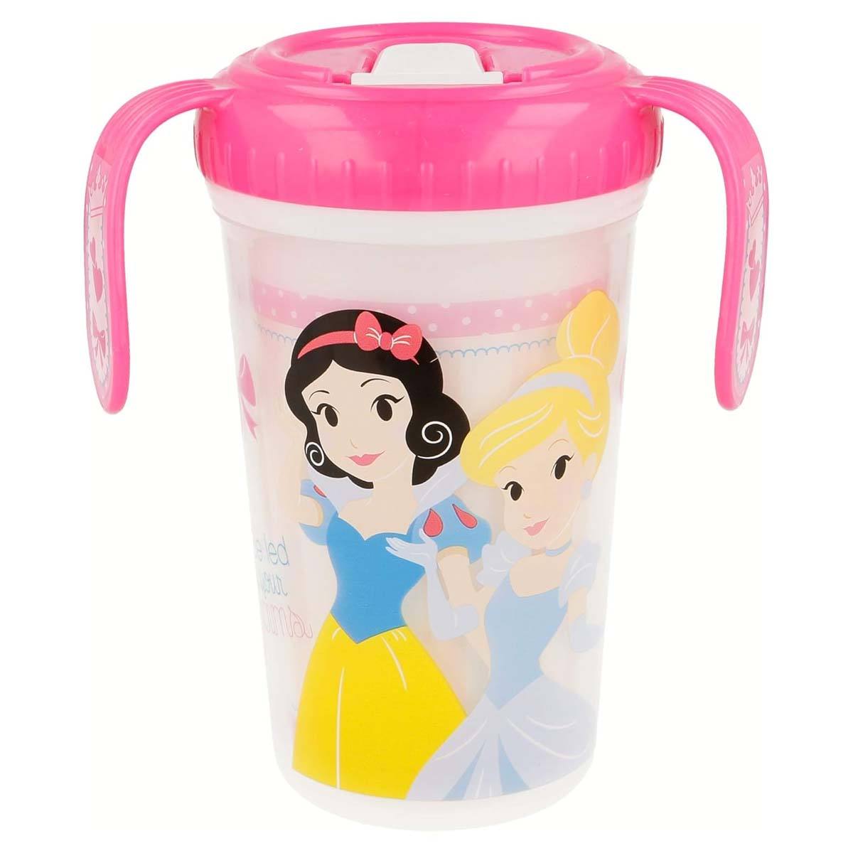 Un bicchiere rosa con manici, raffigurante Biancaneve e Cenerentola.