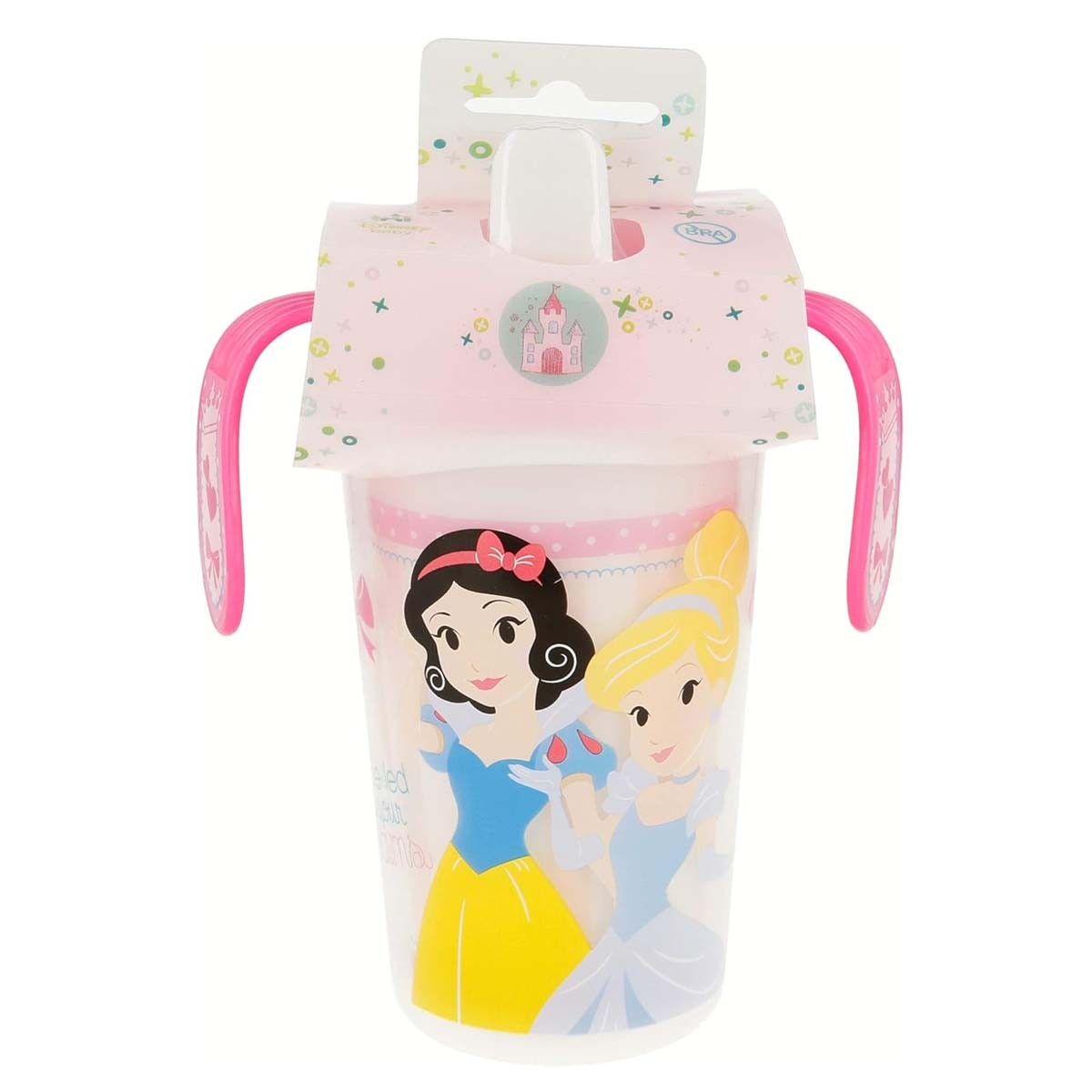 Un bicchiere con stampe di Biancaneve e Cenerentola e manici rosa.