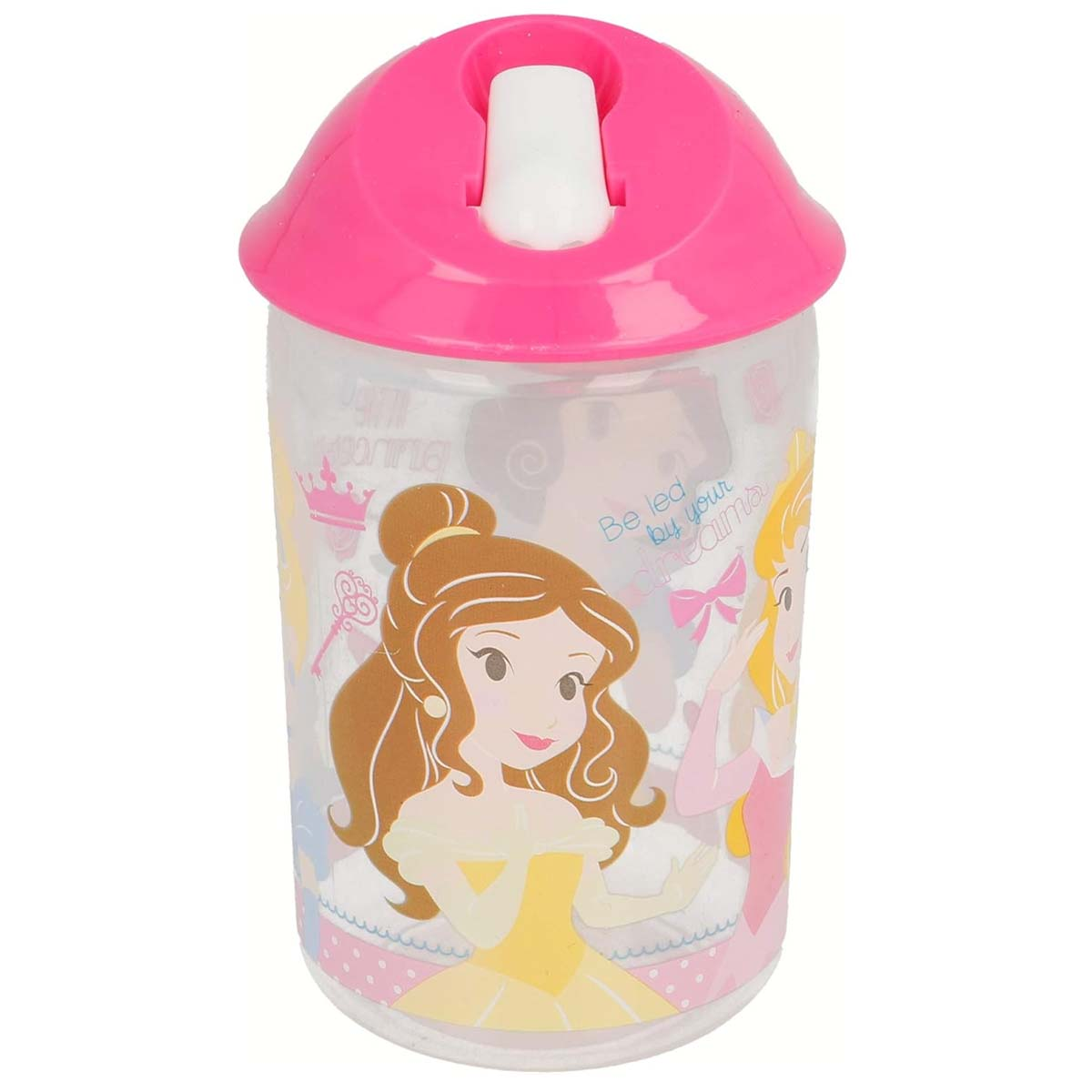 Un bicchiere trasparente con coperchio rosa, decorato con immagini di principesse Disney.