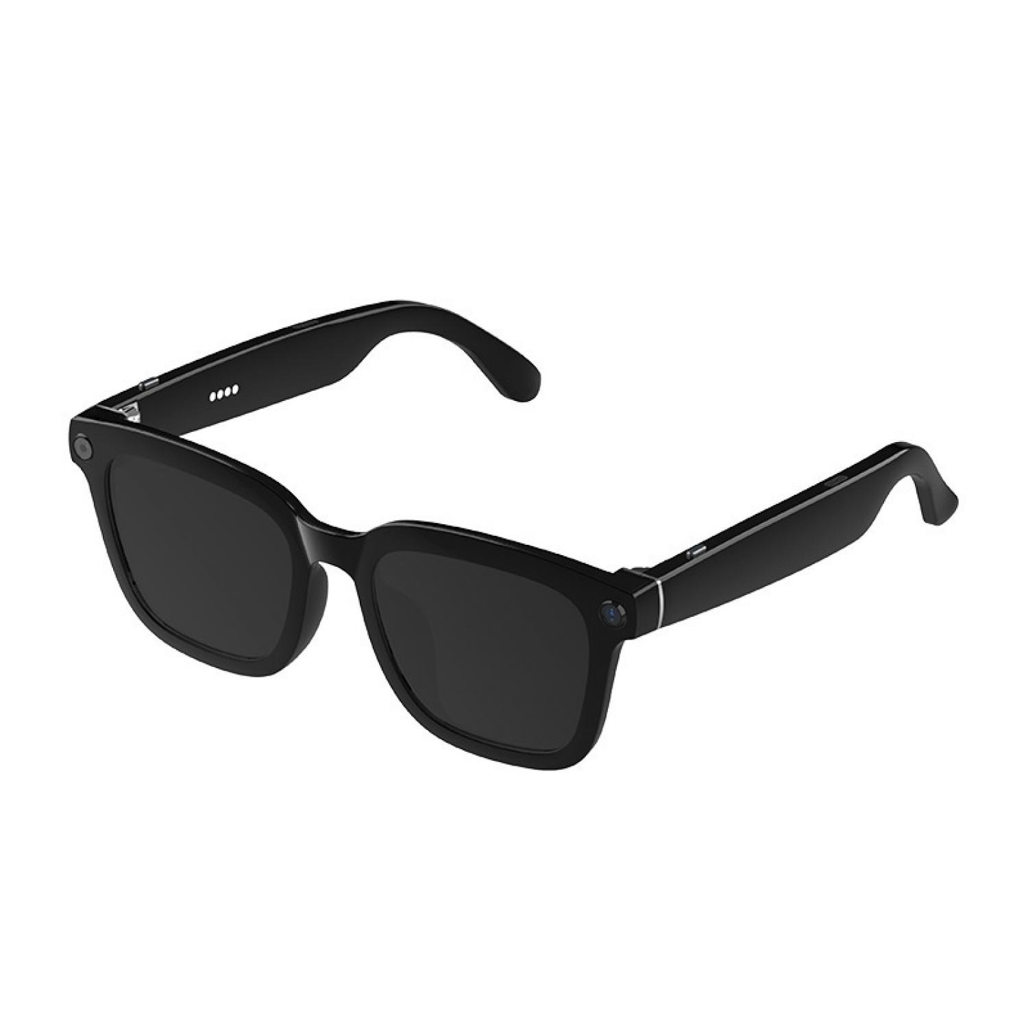 Schwarze Sonnenbrille mit kleiner Kamera am rechten Brillenglasrahmen.