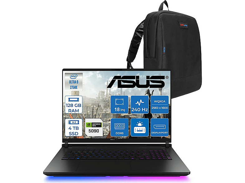 ASUS ROG Strix Scar 18 G835LX-SA156 RTX5090 WSA156F47128G Intel Core Ultra 9 275HX 128 GB RAM 4 TB SSD 18 inç FreeDOS Laptop+Çanta Siyah