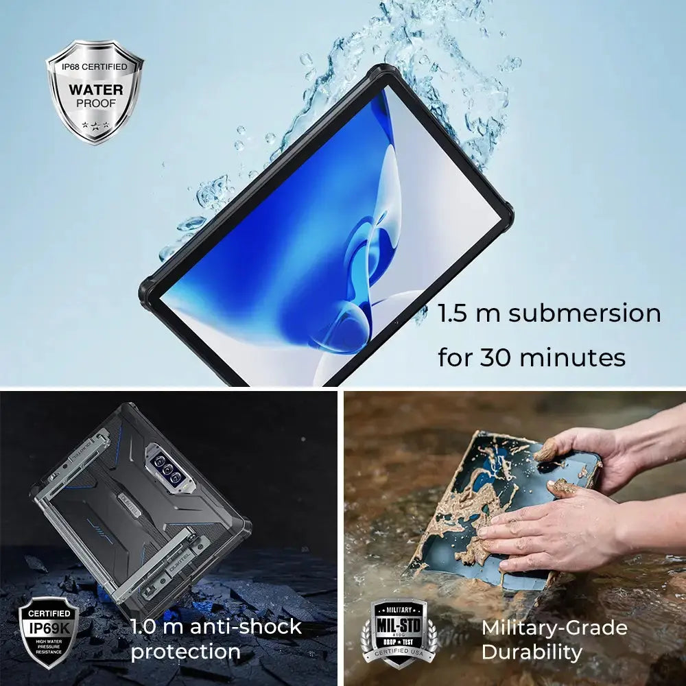 Un tablet viene immerso in acqua, mostrando le sue capacità impermeabili.