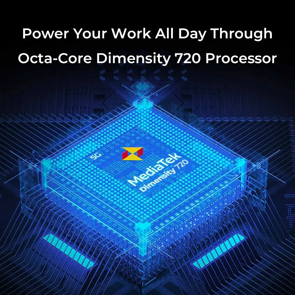 Un processore blu con testo MediaTek Dimensity 720 su sfondo scuro.