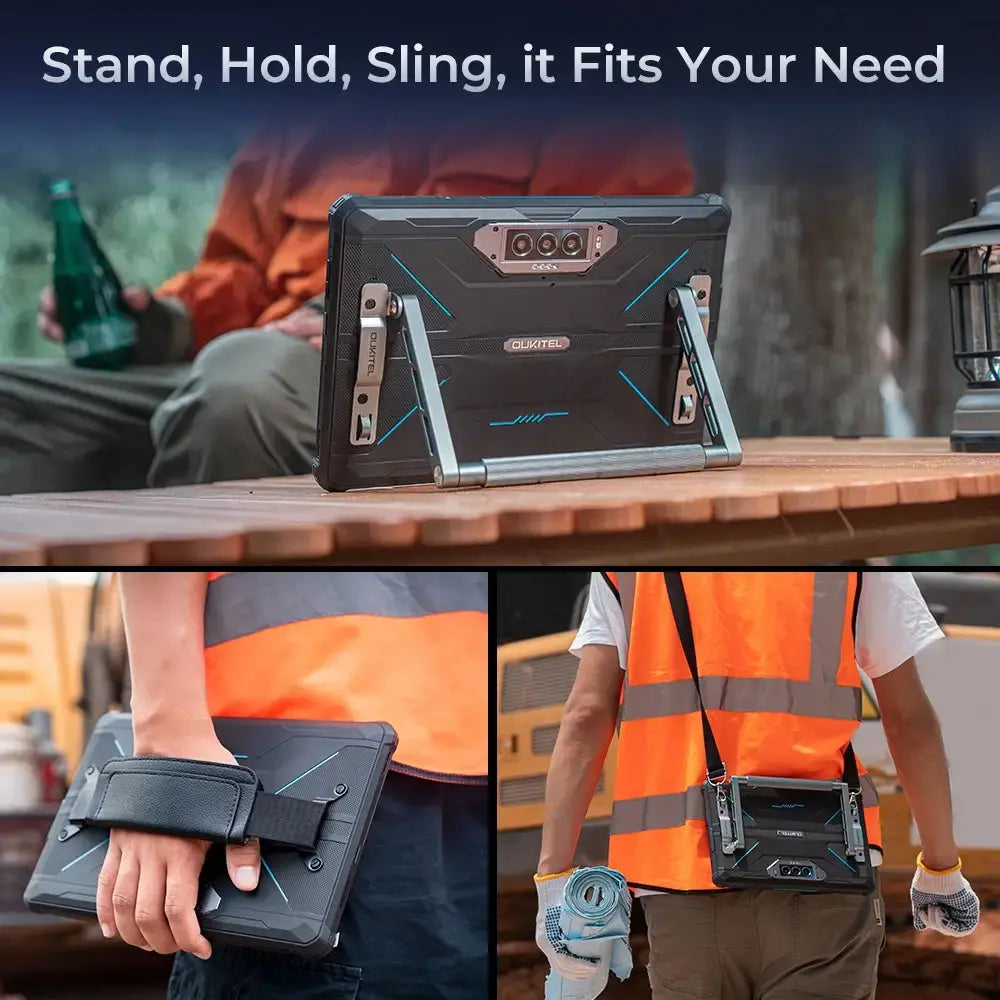 Tablet robusto mostrato in piedi, tenuto e a tracolla. Ambiente esterno con cantiere.