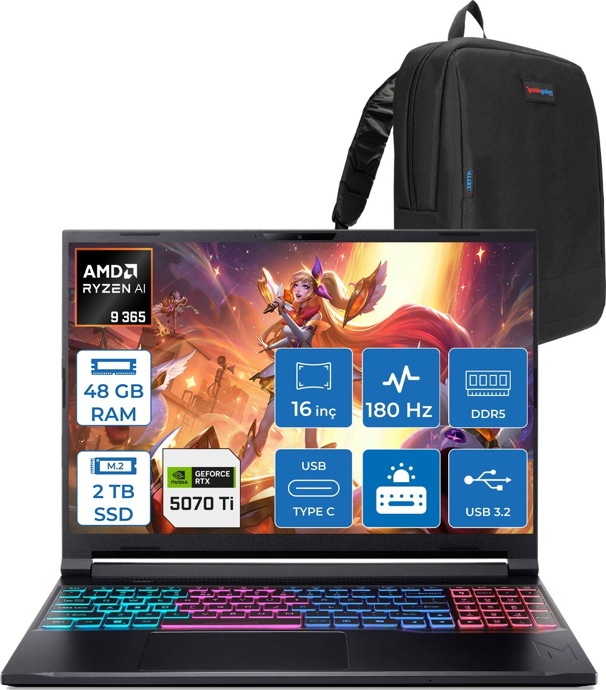 AMD Ryzen AI, 48 GB RAM, 2 TB SSD, RTX 5070 Ti özellikli dizüstü bilgisayar ve siyah sırt çantası.