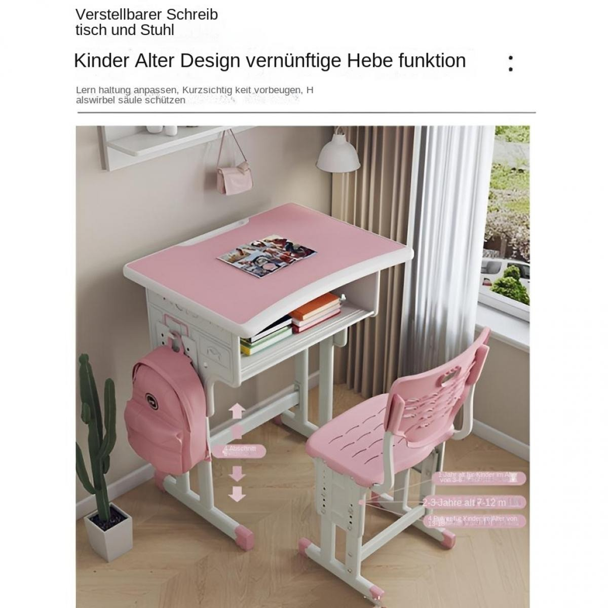 Ein rosa höhenverstellbarer Kinderschreibtisch mit Stuhl und Rucksack.