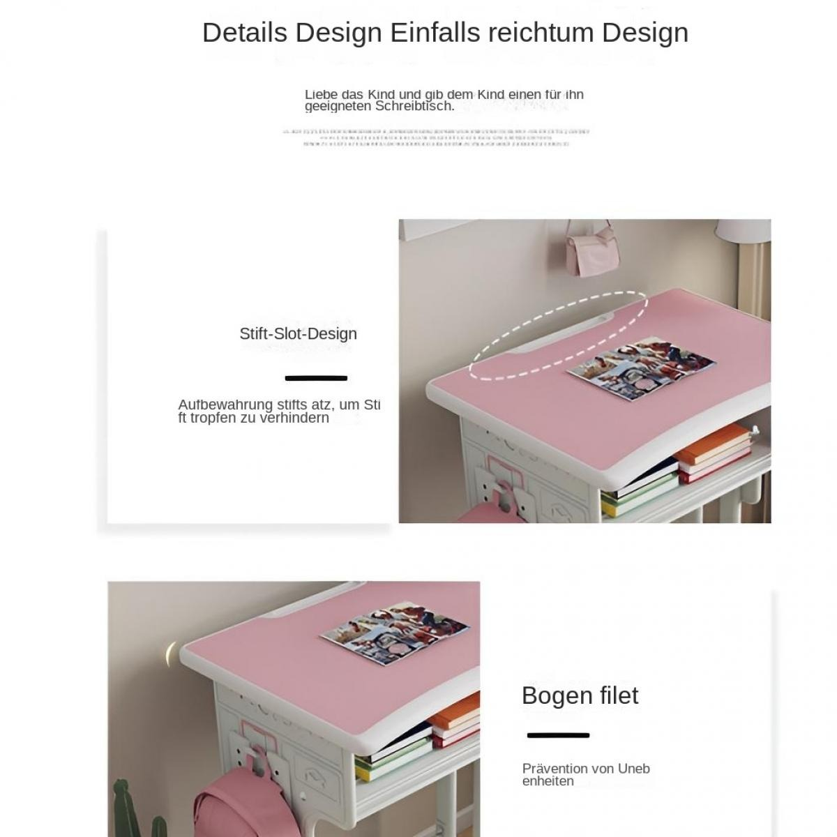 Ein rosa Schreibtisch für Kinder mit Büchern und Bildern auf der Oberfläche.