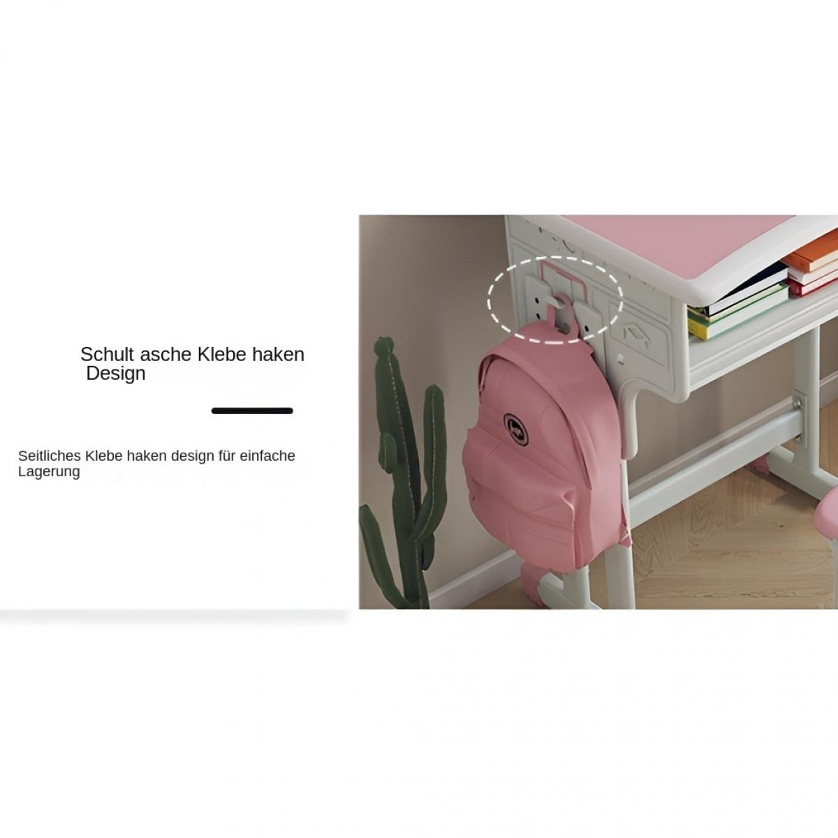Ein rosa Rucksack hängt an einem Haken an einem Schreibtisch mit Büchern.