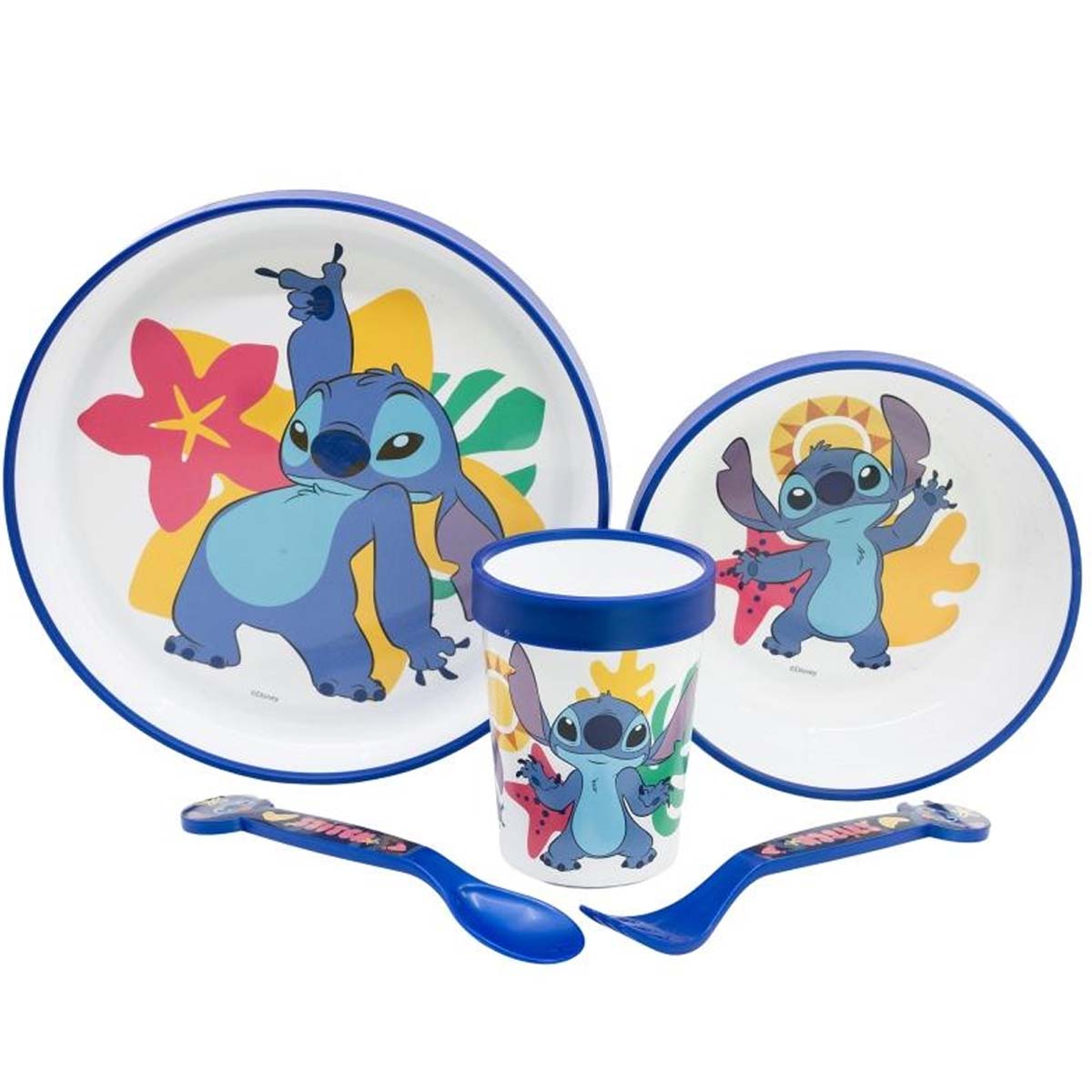 Un set di stoviglie blu a tema Stitch: piatti, ciotola, bicchiere e posate.