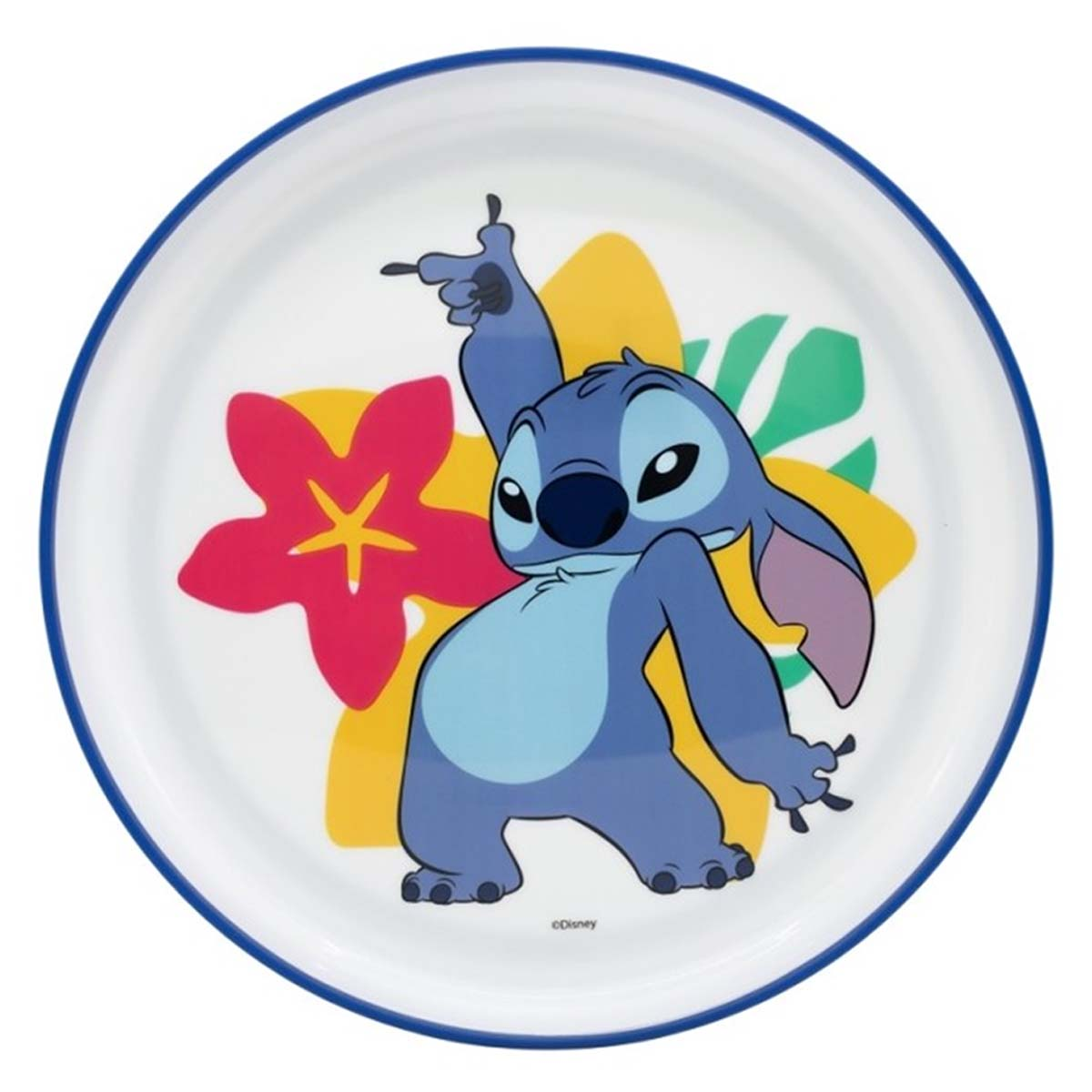 Stitch balla davanti a fiori colorati su un piatto con bordo blu.
