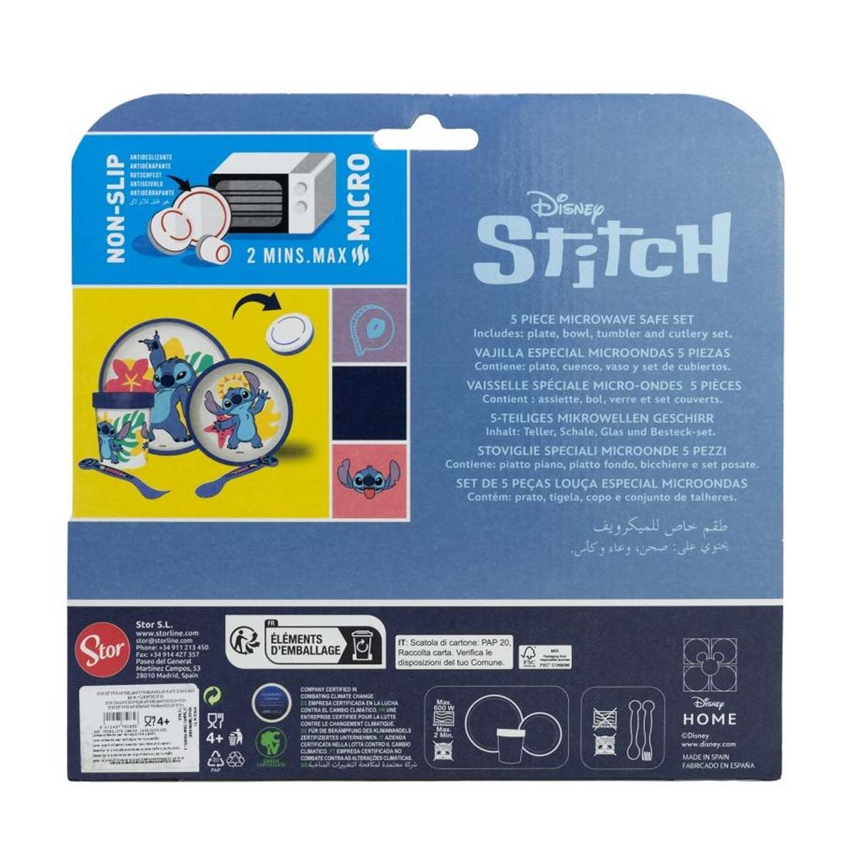 Set 5 pezzi Stitch per microonde con piatto, ciotola, bicchiere e posate.