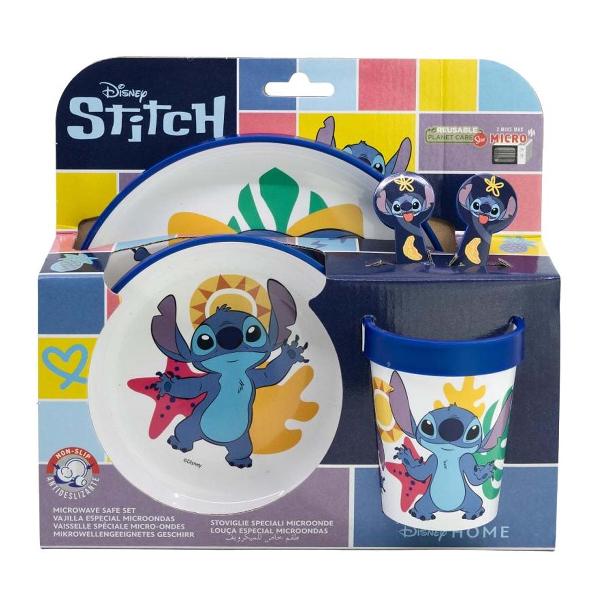 Set di stoviglie a tema Stitch con piatto, ciotola e bicchiere.