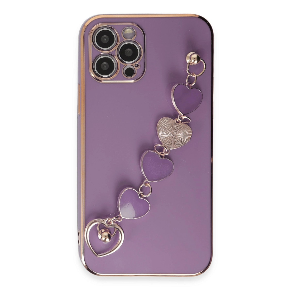 Kalp şeklinde charm ve kamera çıkıntılı mor telefon kılıfı.