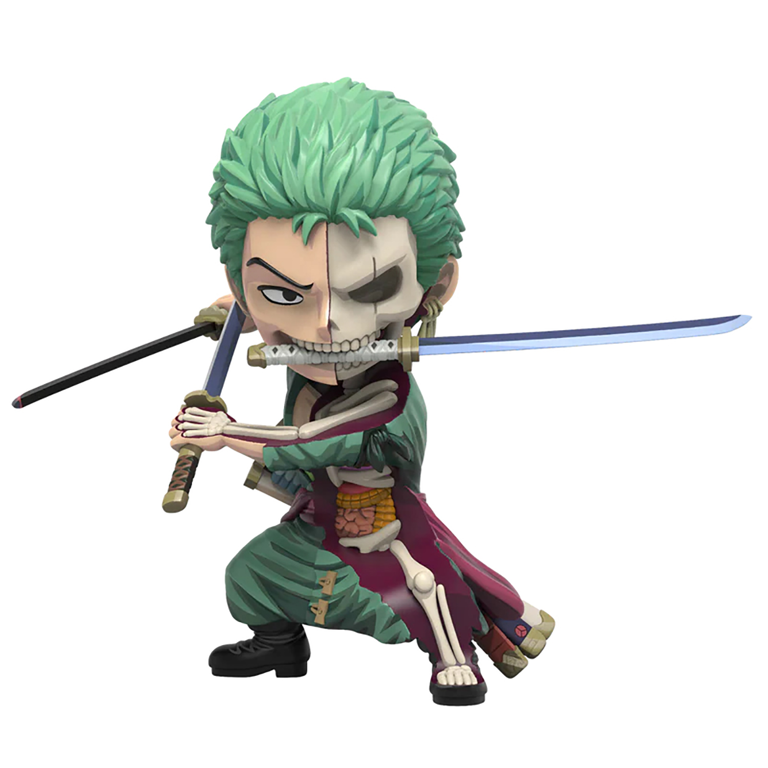 Figura con volto metà umano, metà teschio, che tiene tre spade.