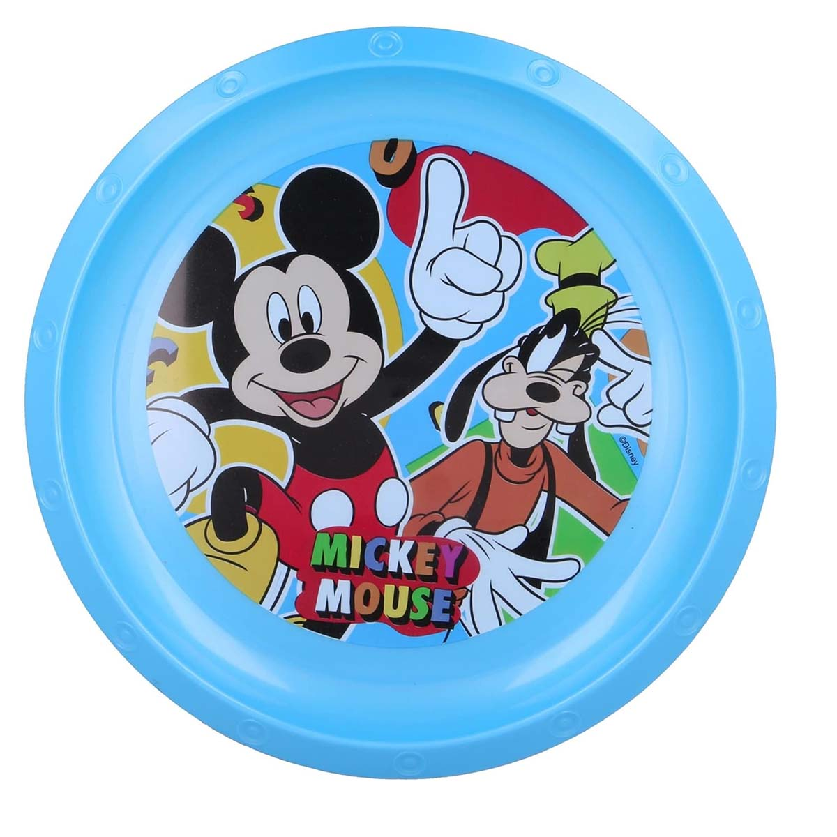 Piatto blu con Topolino e Pippo, entrambi sorridono.