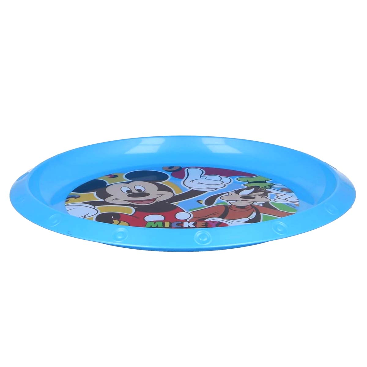Piatto blu con i personaggi dei cartoni animati Topolino e Pippo.