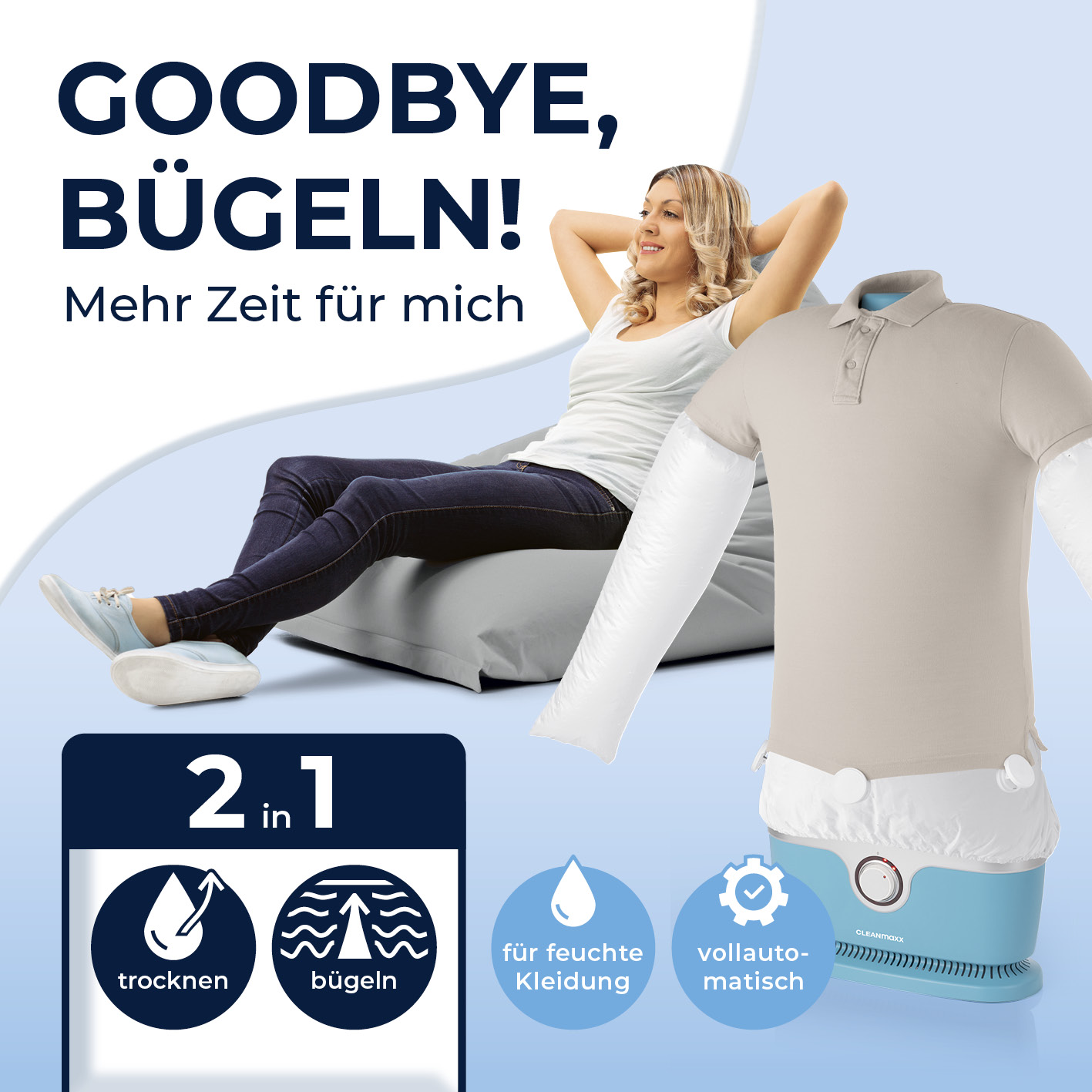 Frau entspannt, während ein Hemd auf einem Gerät automatisch gebügelt wird.