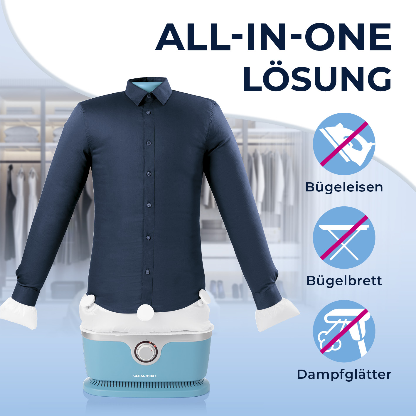 Dunkelblaues Hemd auf einem blauen Bügelgerät, mit Symbolen für kein Bügeleisen, Bügelbrett, Dampfglätter.