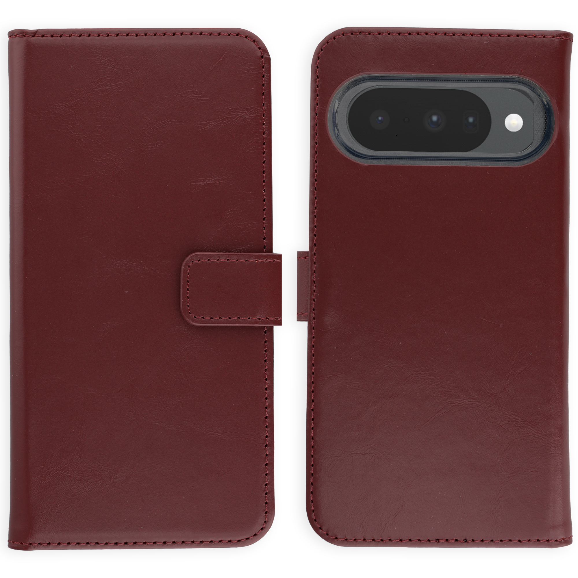 Étui de téléphone en cuir rouge avec découpe caméra et fermeture à sangle.