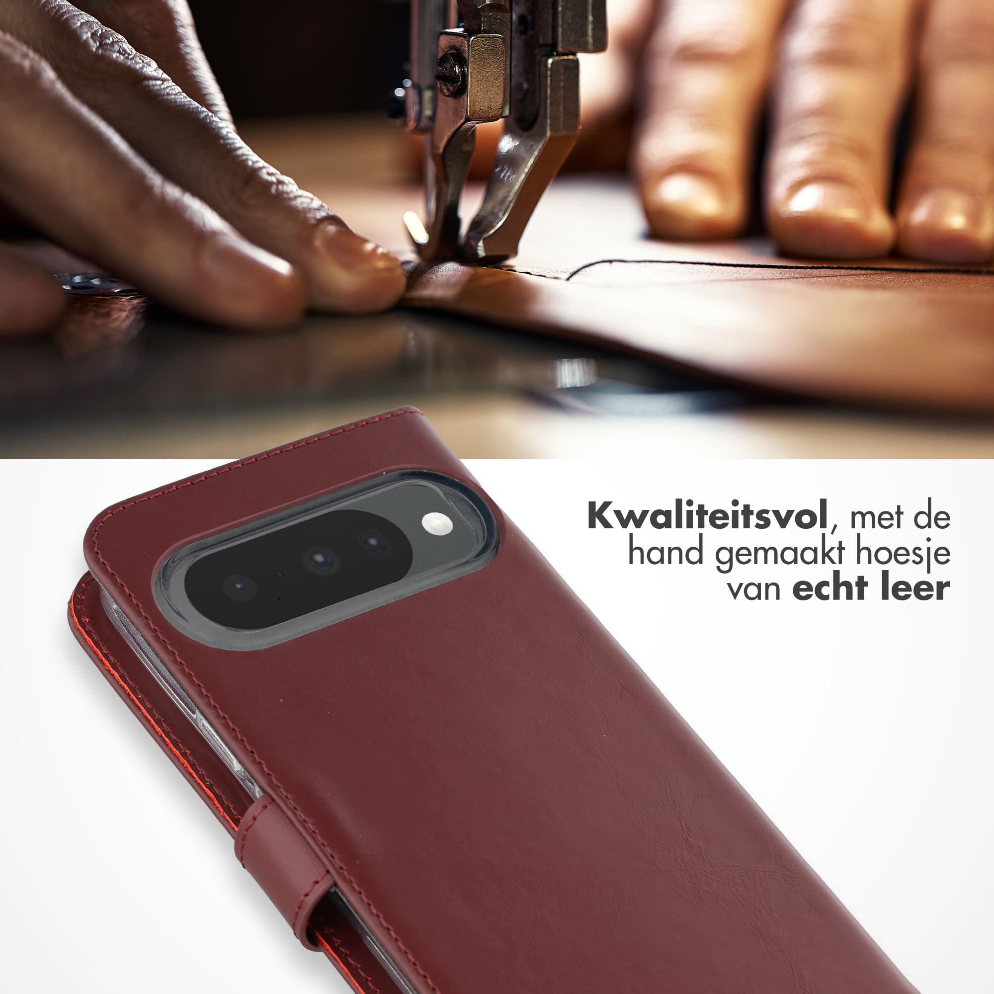 Mains cousant du cuir à la machine à coudre ; à côté, une coque de téléphone rouge en cuir.