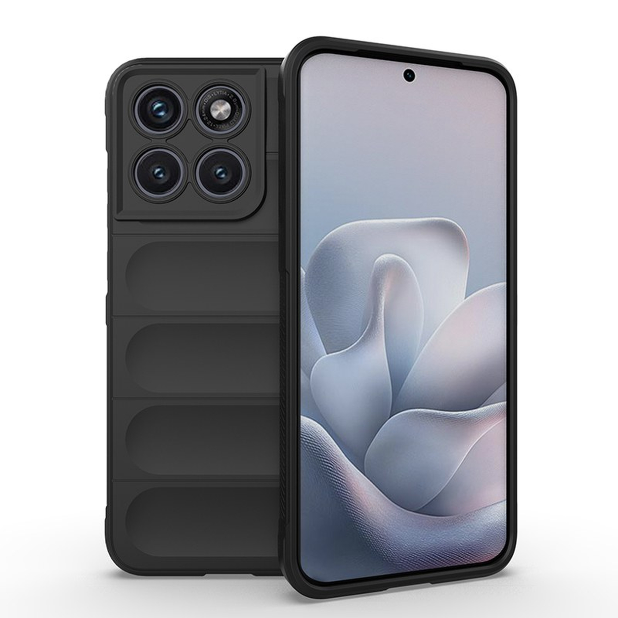 Een zwarte smartphone met vier camera's en een abstracte achtergrondafbeelding.