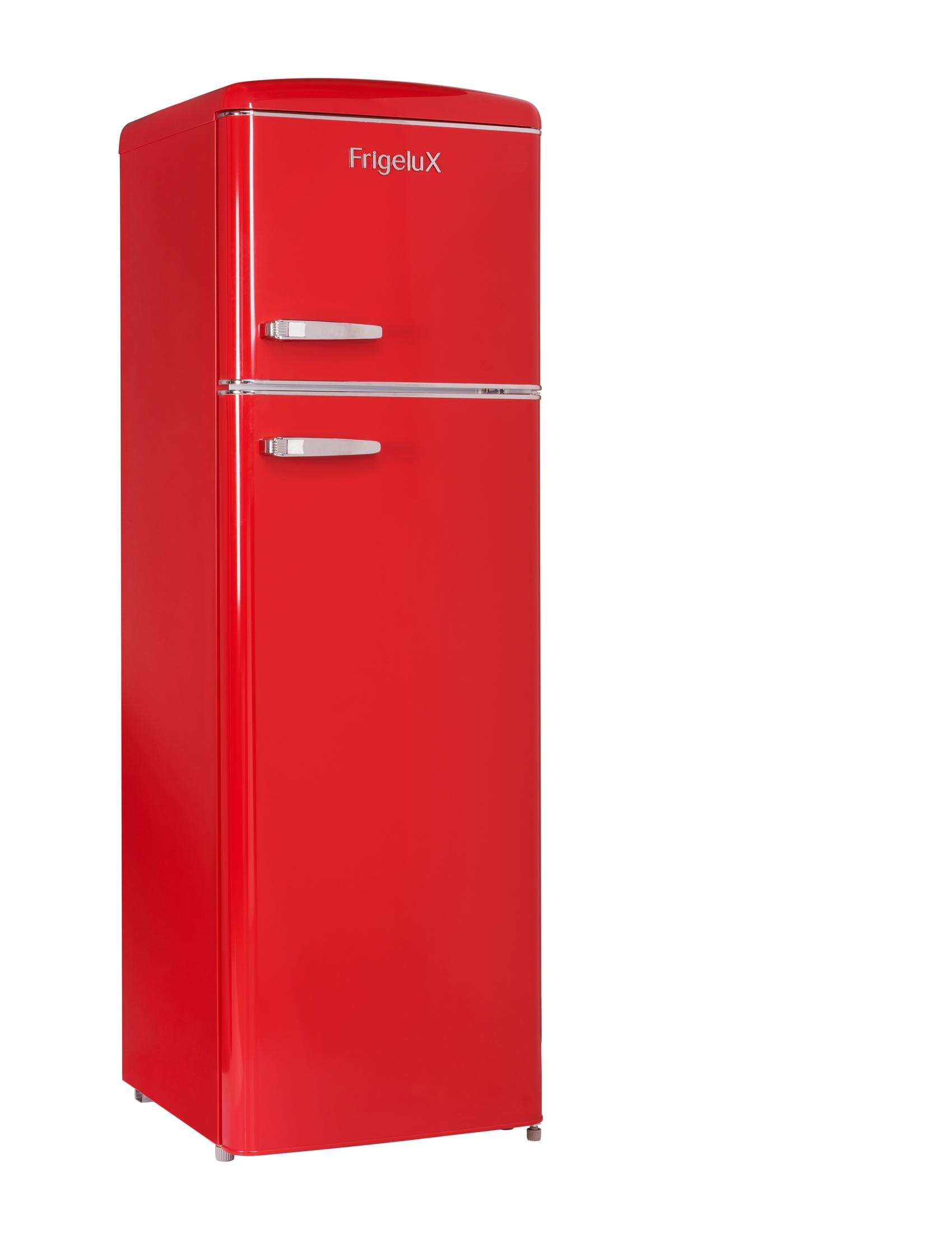 Ein roter Kühlschrank mit silbernen Griffen und dem FrigeluX-Logo.