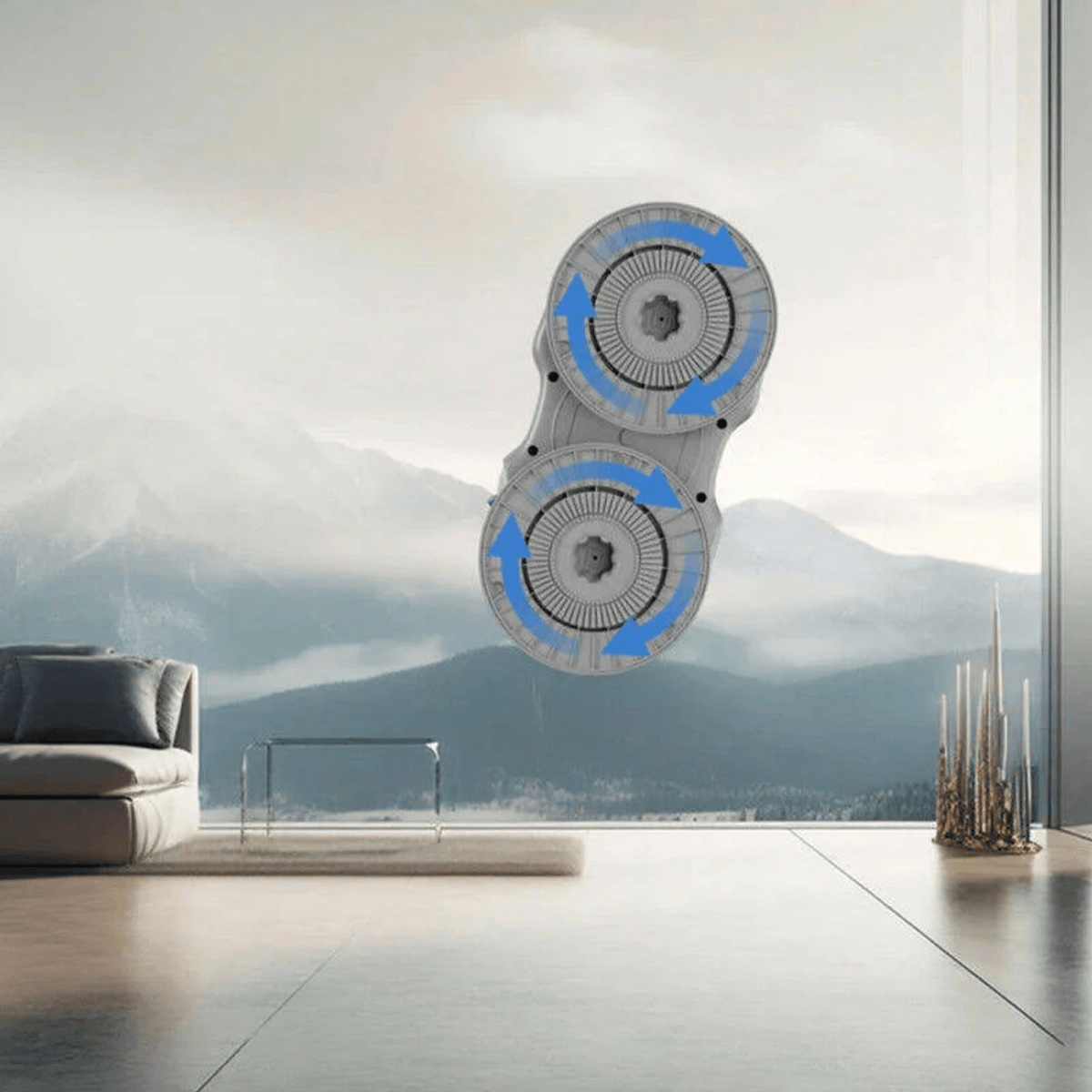Un robot nettoyeur de vitres avec deux roues rotatives et des flèches bleues.