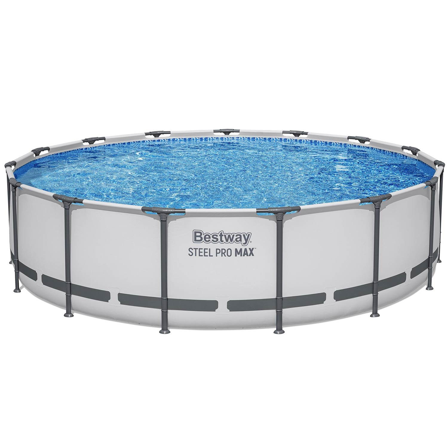 Okrągły basen Bestway Steel Pro Max z niebieską wodą i srebrną ramą.