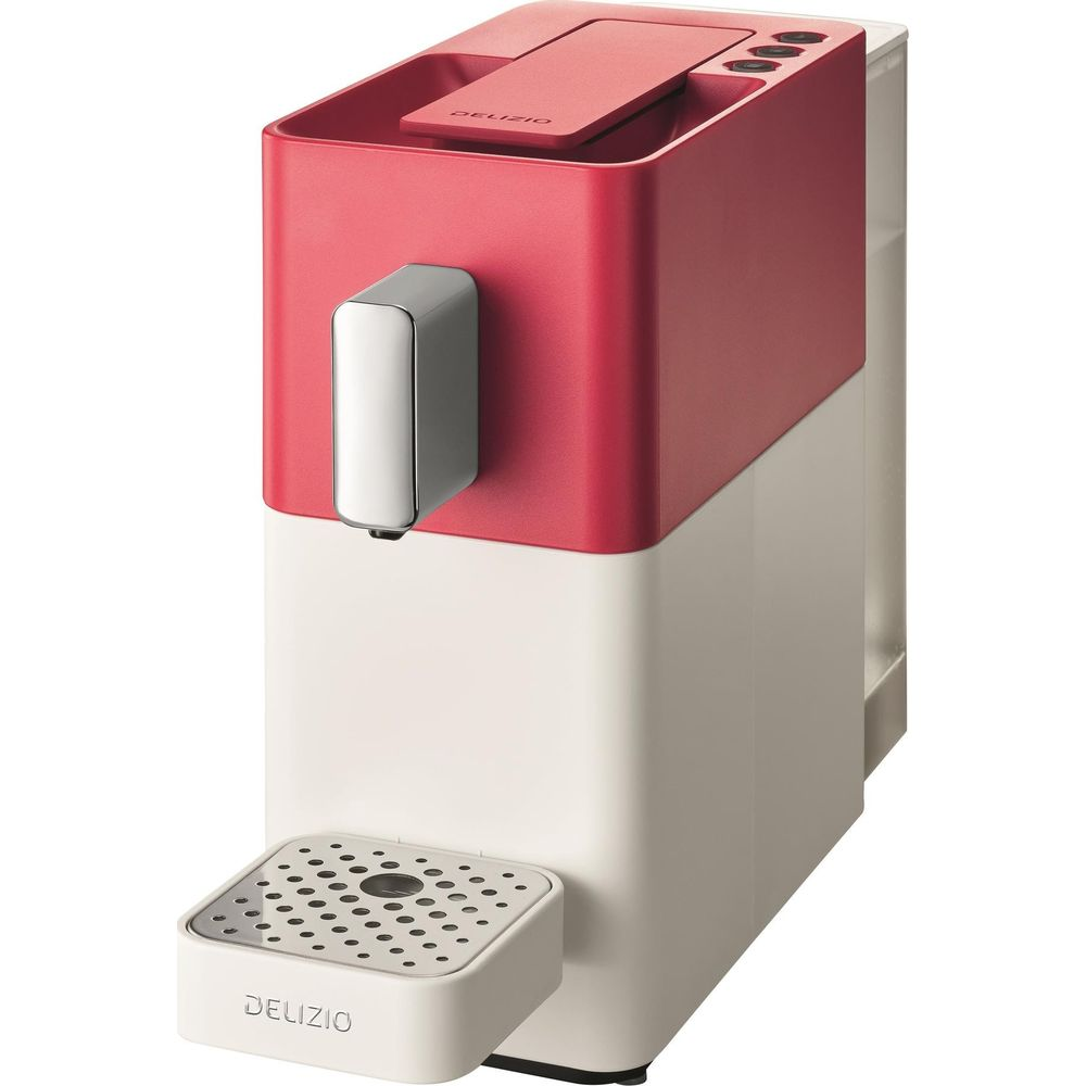 Eine rote und weiße Kaffeekapselmaschine mit silbernem Griff und Tropfschale.