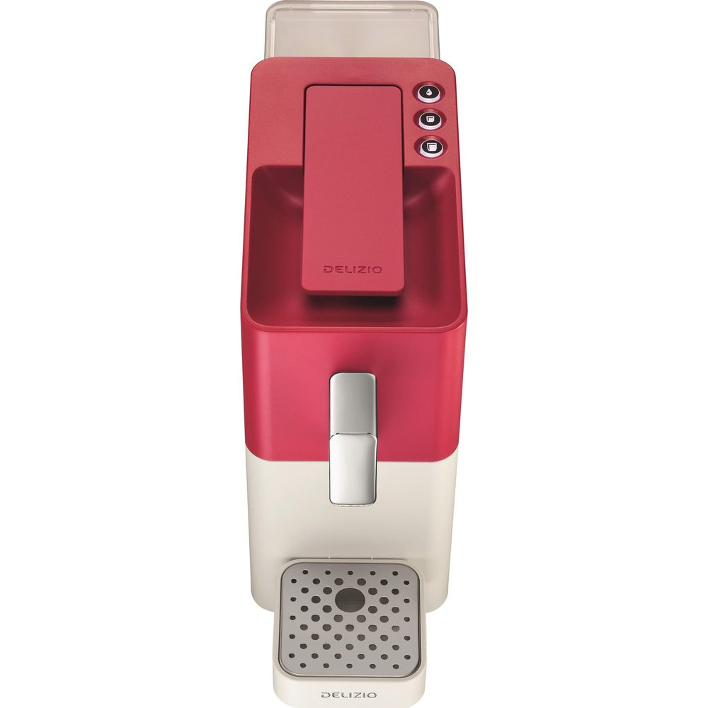 Eine rote und cremefarbene Kaffeemaschine mit Tropfschale.