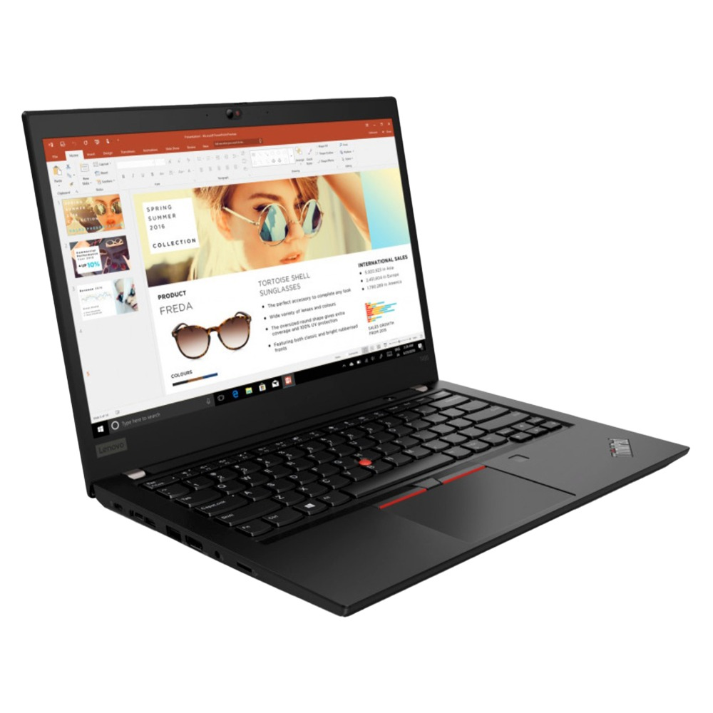 Ordinateur portable Lenovo noir avec écran ouvert affichant une présentation.