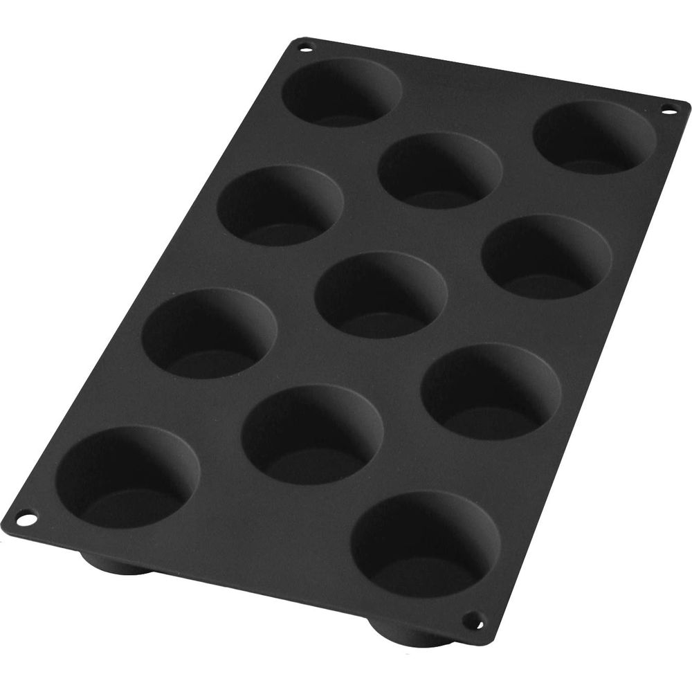 Moule à muffins en silicone noir, 12 alvéoles, forme rectangulaire.