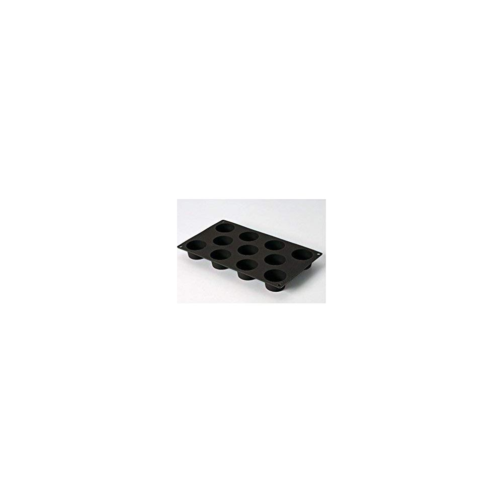 Un moule à muffins en silicone noir avec 12 alvéoles sur fond blanc.
