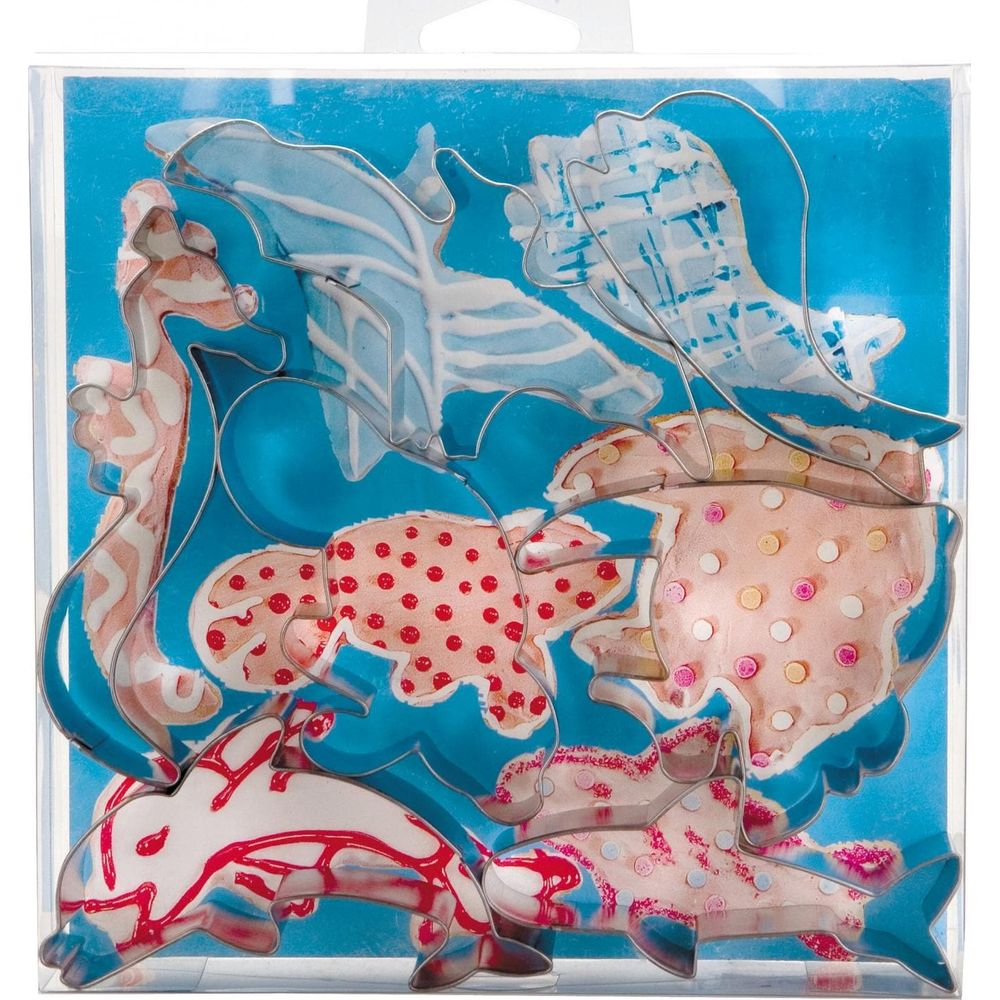 Set von 5 bunten Ausstechformen für Kekse in Tierform, darunter Delfine und Fische.