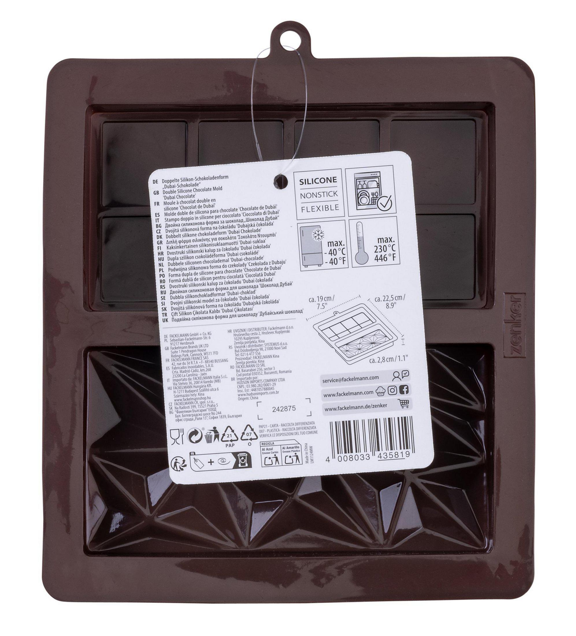 Braune Silikonform für 12 Pralinen in Dubai-Form, mit Produktinformationen.