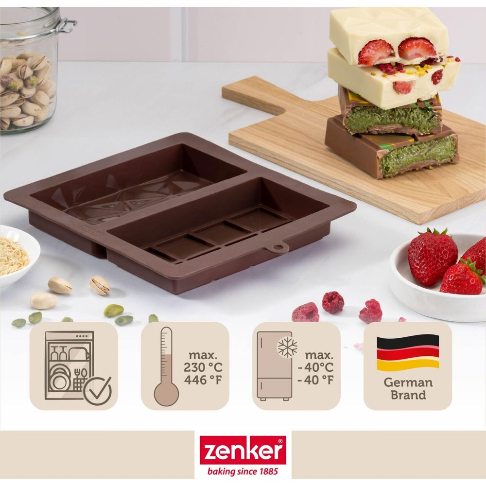 Braune Silikonform für Schokoriegel mit Zutaten und Icons für Spülmaschine, Temperatur und Herkunft.