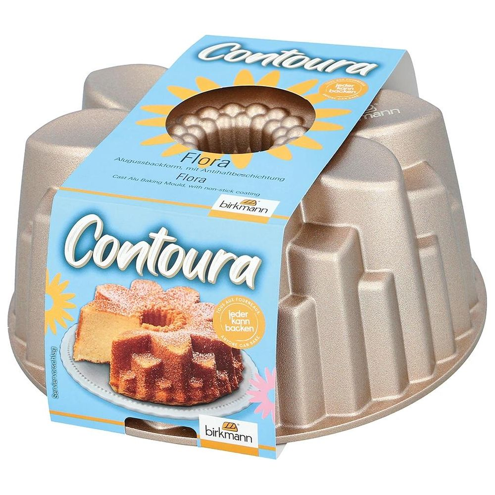 Goldene Gugelhupfform mit Verpackung und Beispielkuchen.